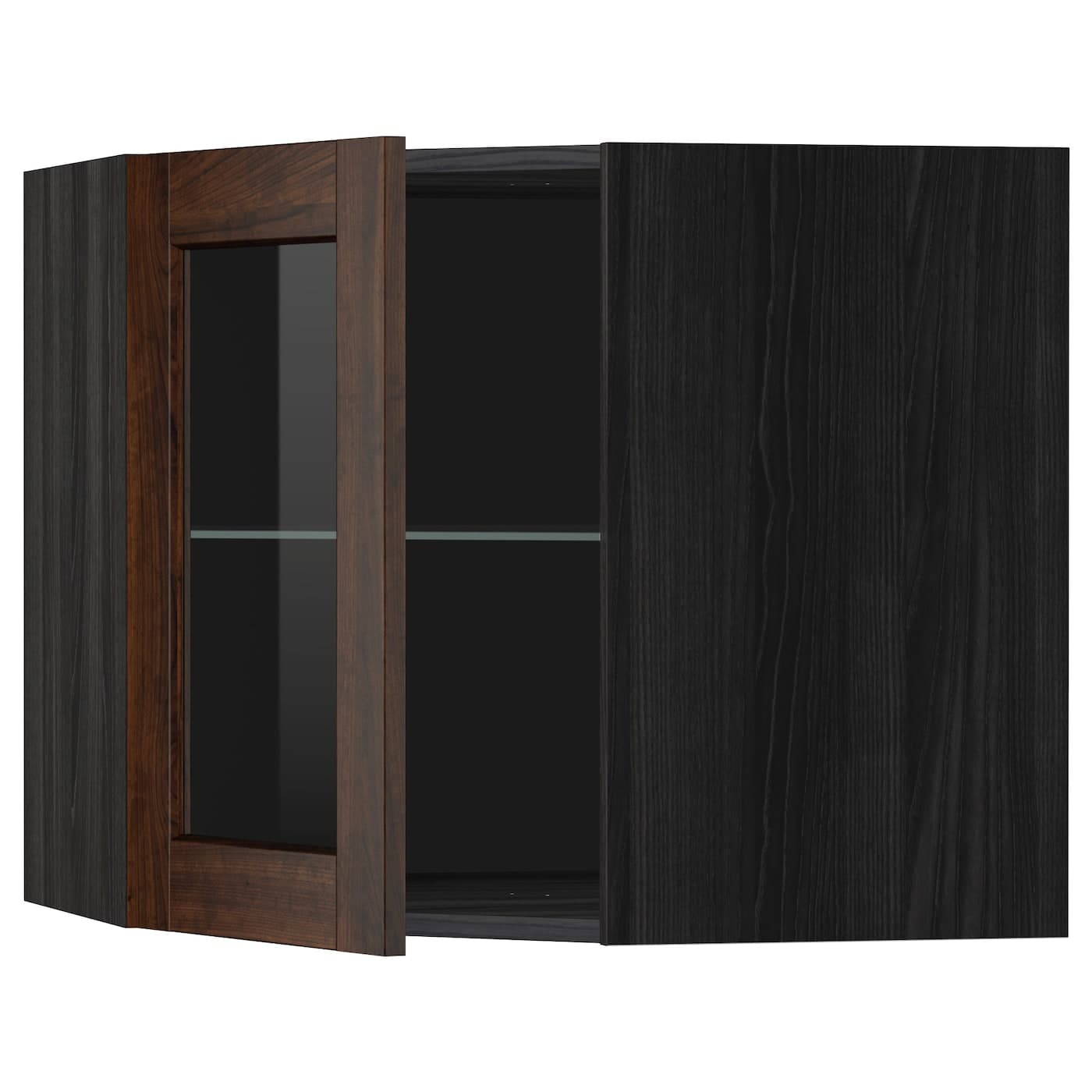 METOD - Corner wall cab w shelves/glass dr, white/Lerhyttan black stained , - best price from Maltashopper.com 09257576