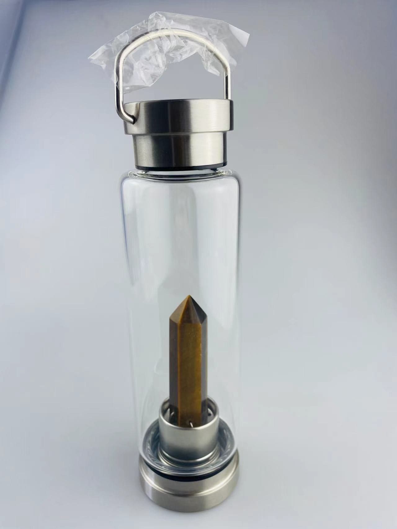 Crystal Infused Glass Water Bottle - Determined Tiger's Eye - Obelisk