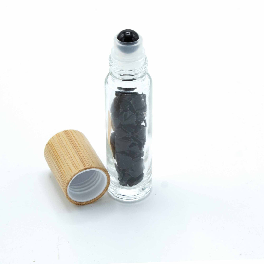 Gemstone Essential Oil Roller Bottle - Black Tourmaline - Wooden Cap + Gemstone Roller Tip for 5ml Bottle - Black Tourmaline - best price from Maltashopper.com CGRB-07