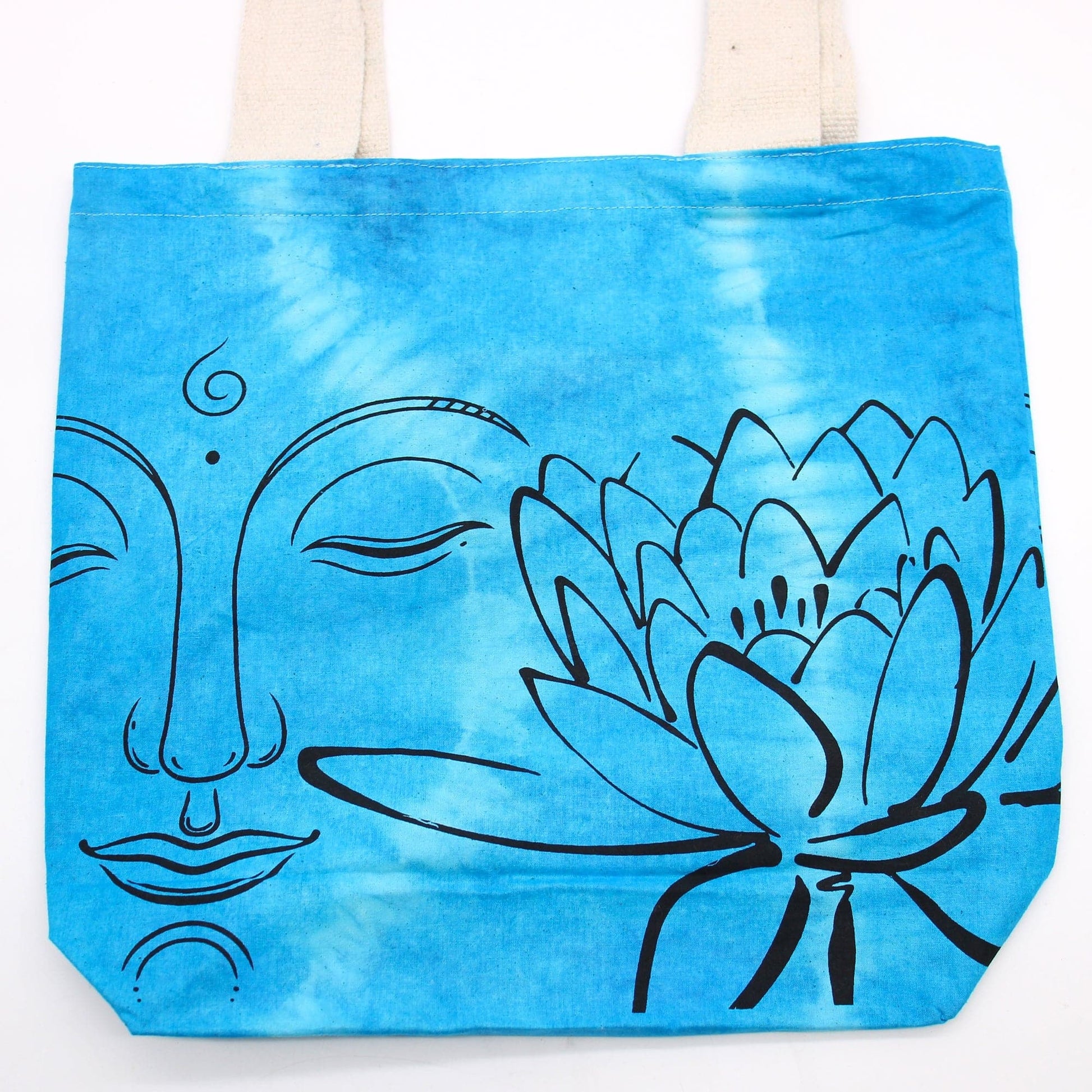 Tye-Dye Cotton Bag (6oz) - 38x42x12cm - Lotus Buddha - Blue - Natural Handle - best price from Maltashopper.com TDB-03