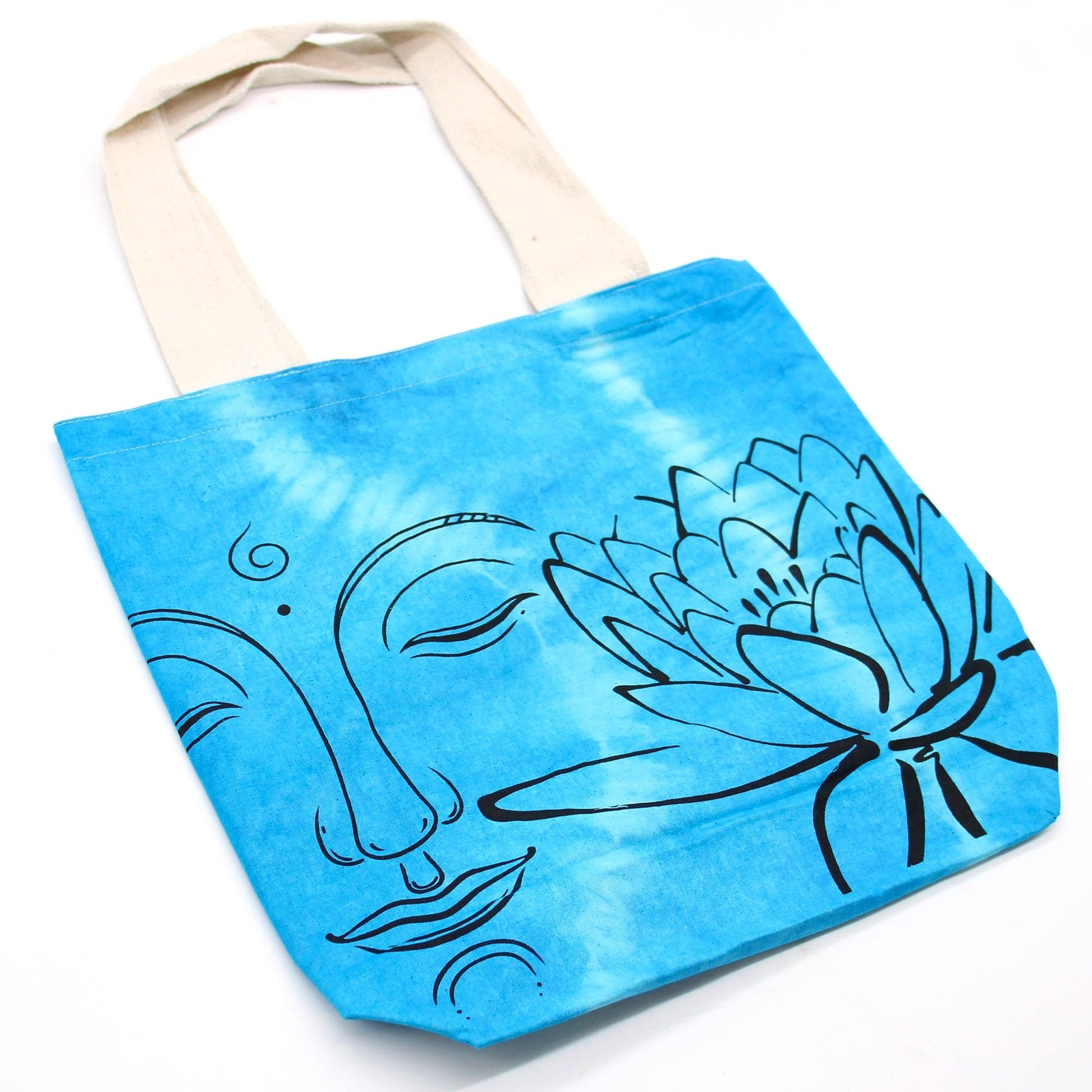 Tye-Dye Cotton Bag (6oz) - 38x42x12cm - Lotus Buddha - Blue - Natural Handle - best price from Maltashopper.com TDB-03