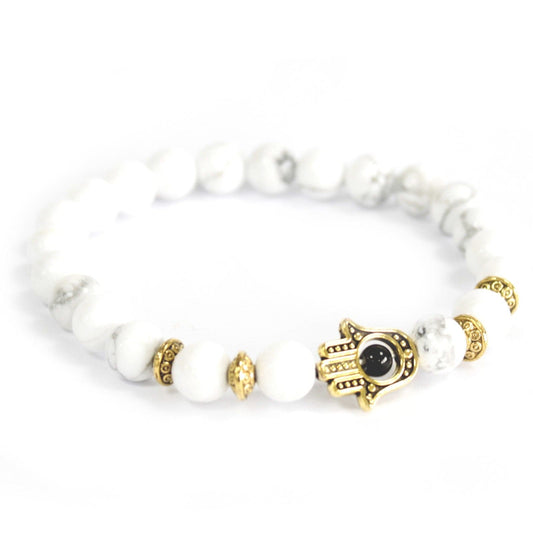 Gold Hamsa / White Stone - Gemstone Bracelet - best price from Maltashopper.com BOHO-10