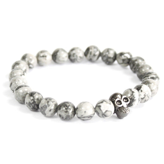 Pewter Skull / Grey Agate - Gemstone Bracelet - best price from Maltashopper.com BOHO-11