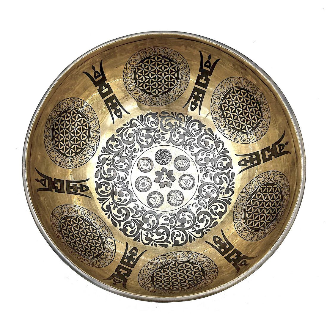 Tibetan Healing Engraved Bowl - 21cm - 7 Chakra & Flower of Life - best price from Maltashopper.com TIB-106