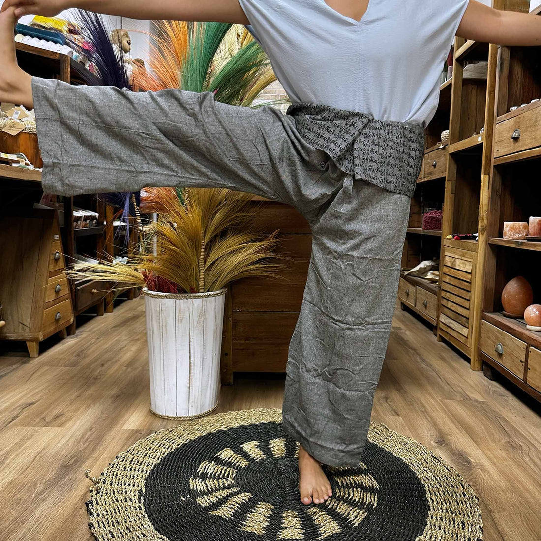 Yoga and Festival Pants - Thai Fisherman Mandala Mantra on Grey - best price from Maltashopper.com YFP-07