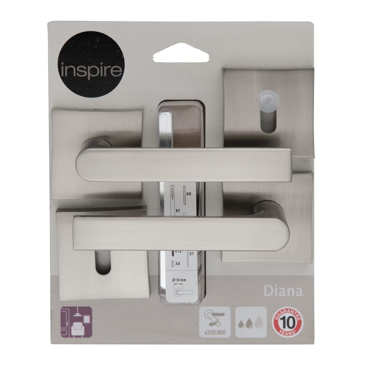 DIANA DOOR HANDLE WITH ROSETTE AND ESCUTCHEON IN ZAMAK SATIN NICKEL FINISH