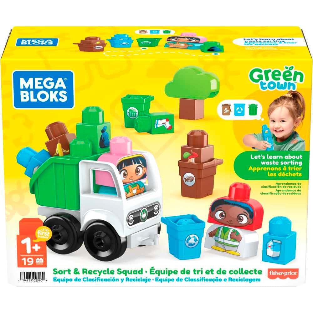 MEGA BLOKS Fisher-Price Toddler Building Blocks, Green Town Sort and Recycle Squad With 2 Figures