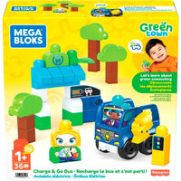 MEGA BLOKS Fisher Price Toddler Building Blocks, Green Town Charge & Go Bus with 2 Figures