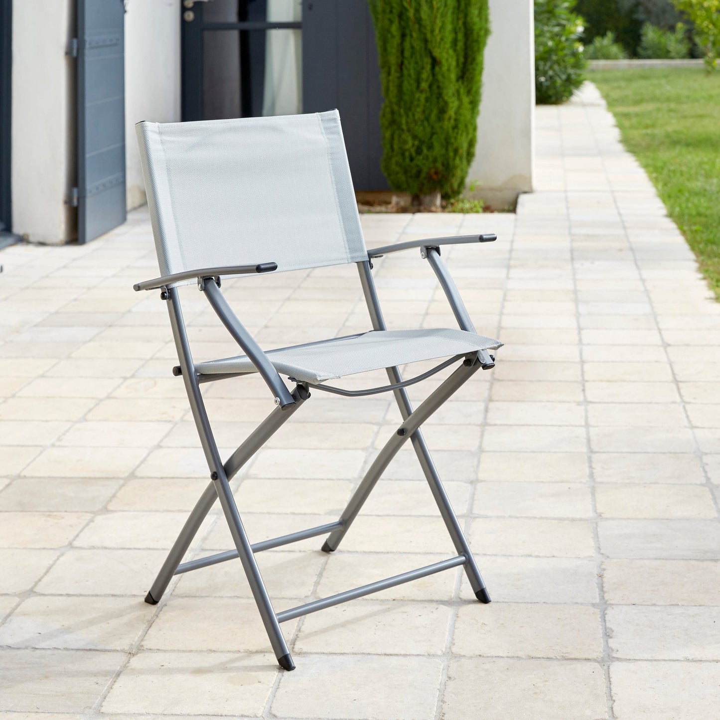 Bricocenter EMYS NATERIAL FOLDING STEEL CHAIR WITH ARMRESTS TEXTILENE SEAT GREY 52X54XH83