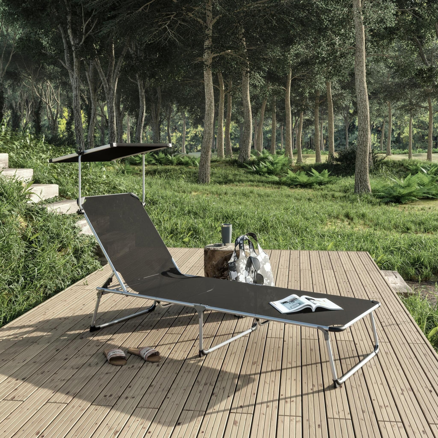 AZUR Folding sunbed with anthracite textile aluminum canopy