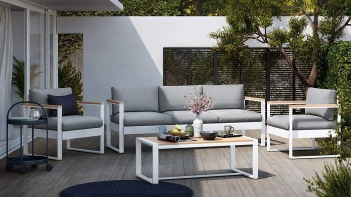 IBIZA -Coffee set, 5seats, sofa, 2 armchairs , table, aluminium, eucalyptus, white