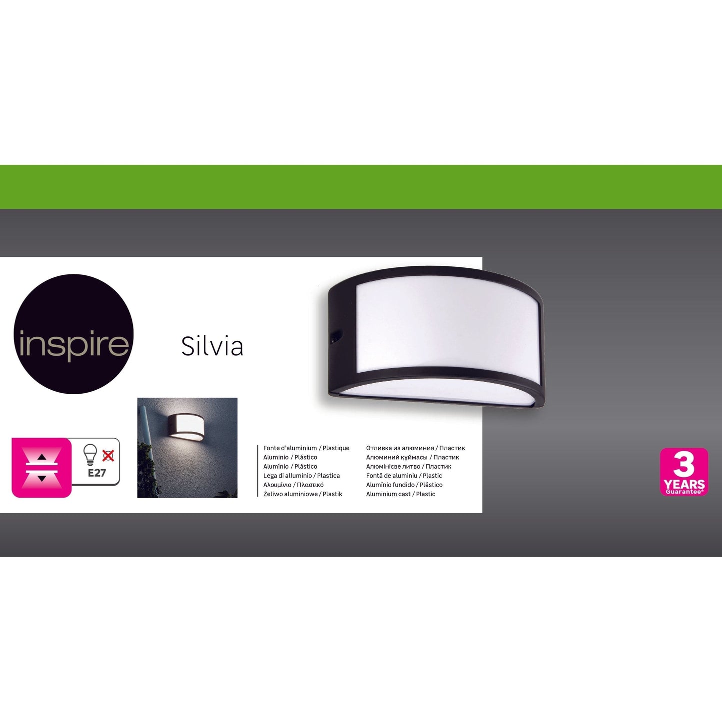 SILVIA WALL LIGHT ALUMINIUM BLACK 13.2X24.9X11.8 CM E27=60W IP44