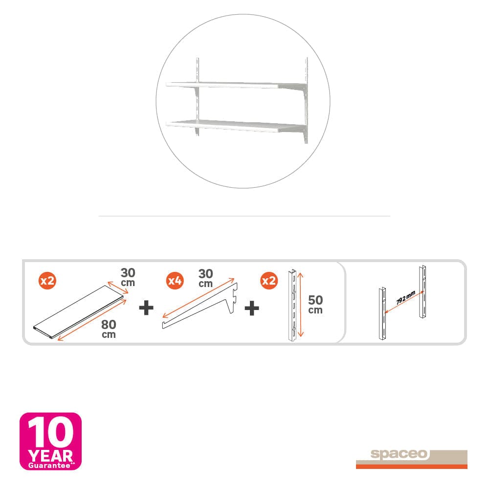 KIT 2 SINGLE RACKS 50 CM 4 SHELF SUPPORTS 30 CM 2 METAL SHELVES 96X33X8 WHITE