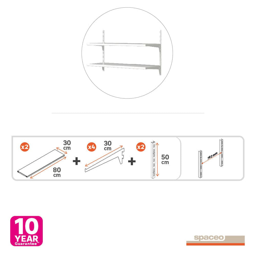 KIT 2 SINGLE RACKS 50 CM 4 SHELF SUPPORTS 30 CM 2 METAL SHELVES 96X33X8 WHITE