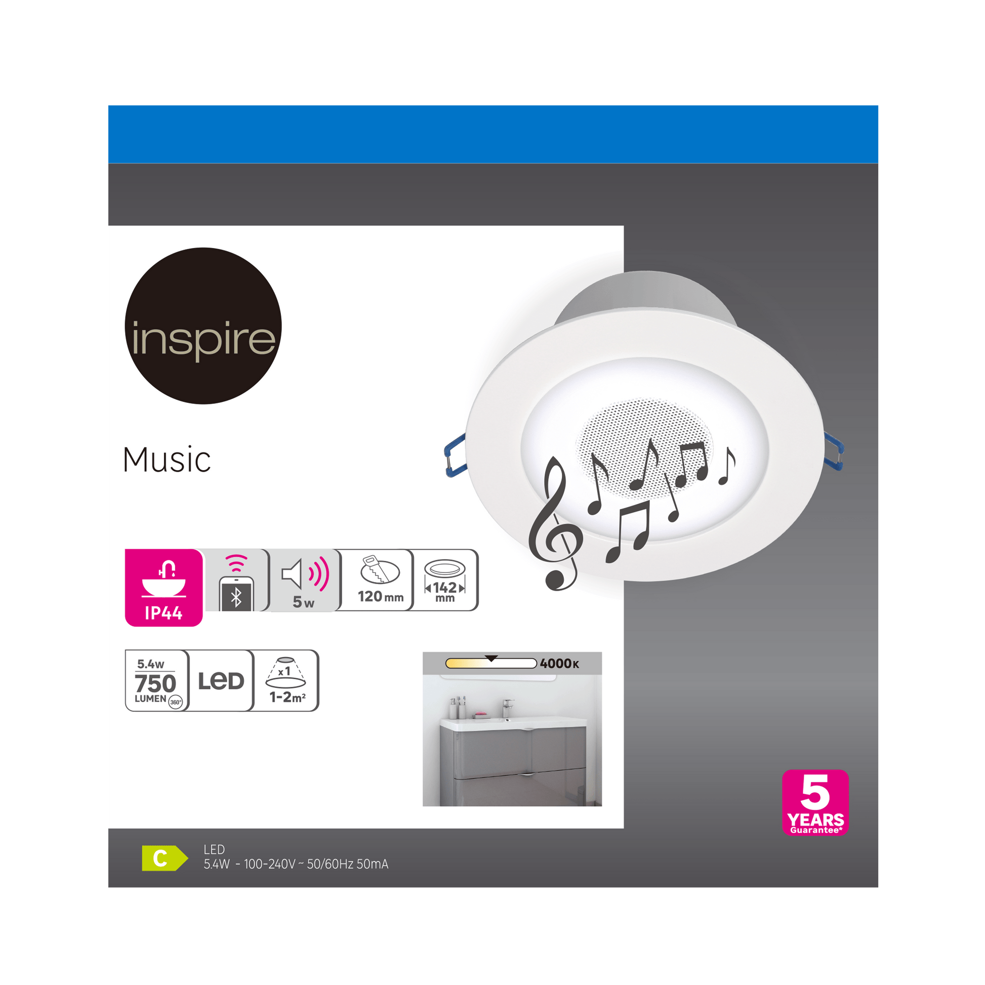 Bricocenter RECESSED SPOTLIGHT MUSIC WHITE D14 CM LED 8W NATURAL LIGHT IP44 WITH SPEAKER