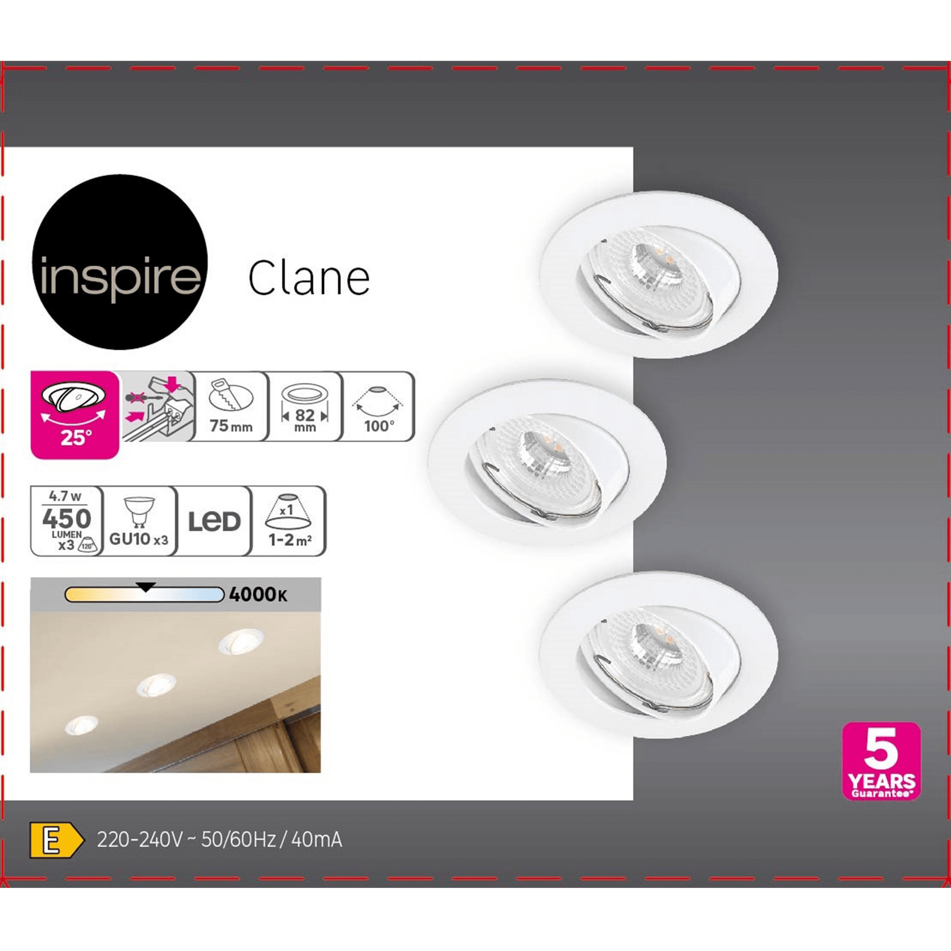 3 RECESSED SPOTLIGHTS CLANE ALUMINIUM WHITE D7.5 CM LED GU10=6W NATURAL LIGHT ADJUSTABLE