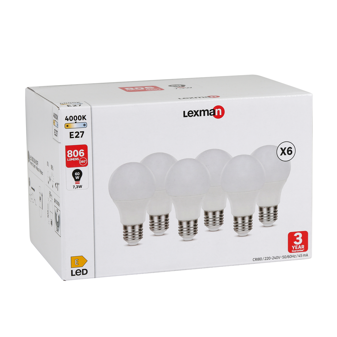 6 LED BULBS E27 =60W FROSTED DROP NATURAL LIGHT