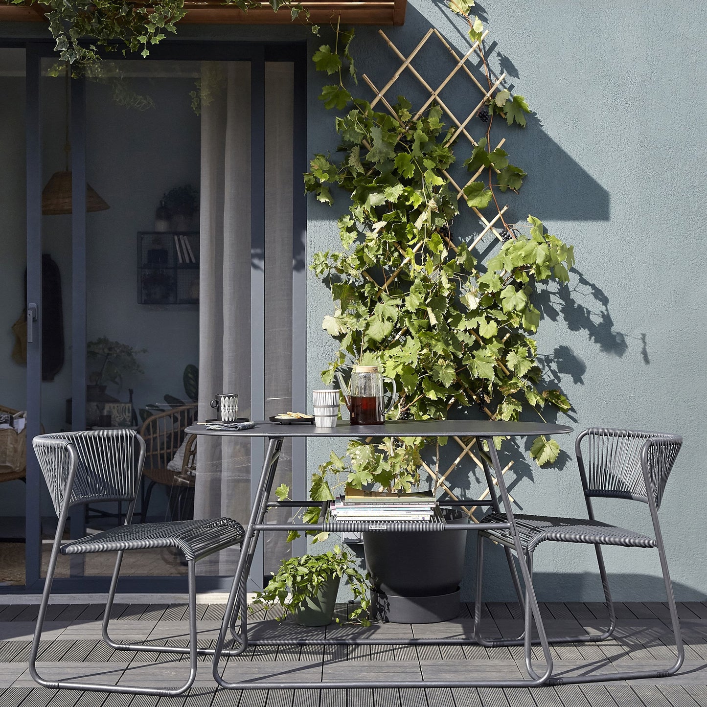 ARMCHAIR DUO NATERIAL Steel and wicker 50X59X71.5H cm anthracite