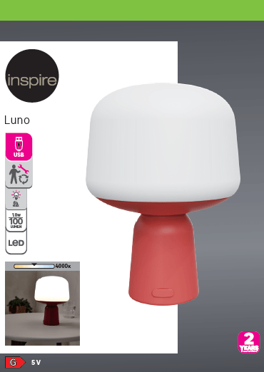 Bricocenter PORTABLE LAMP LUNO PLASTIC RED D14.3 H20 CM LED NATURAL LIGHT WITH USB IP44