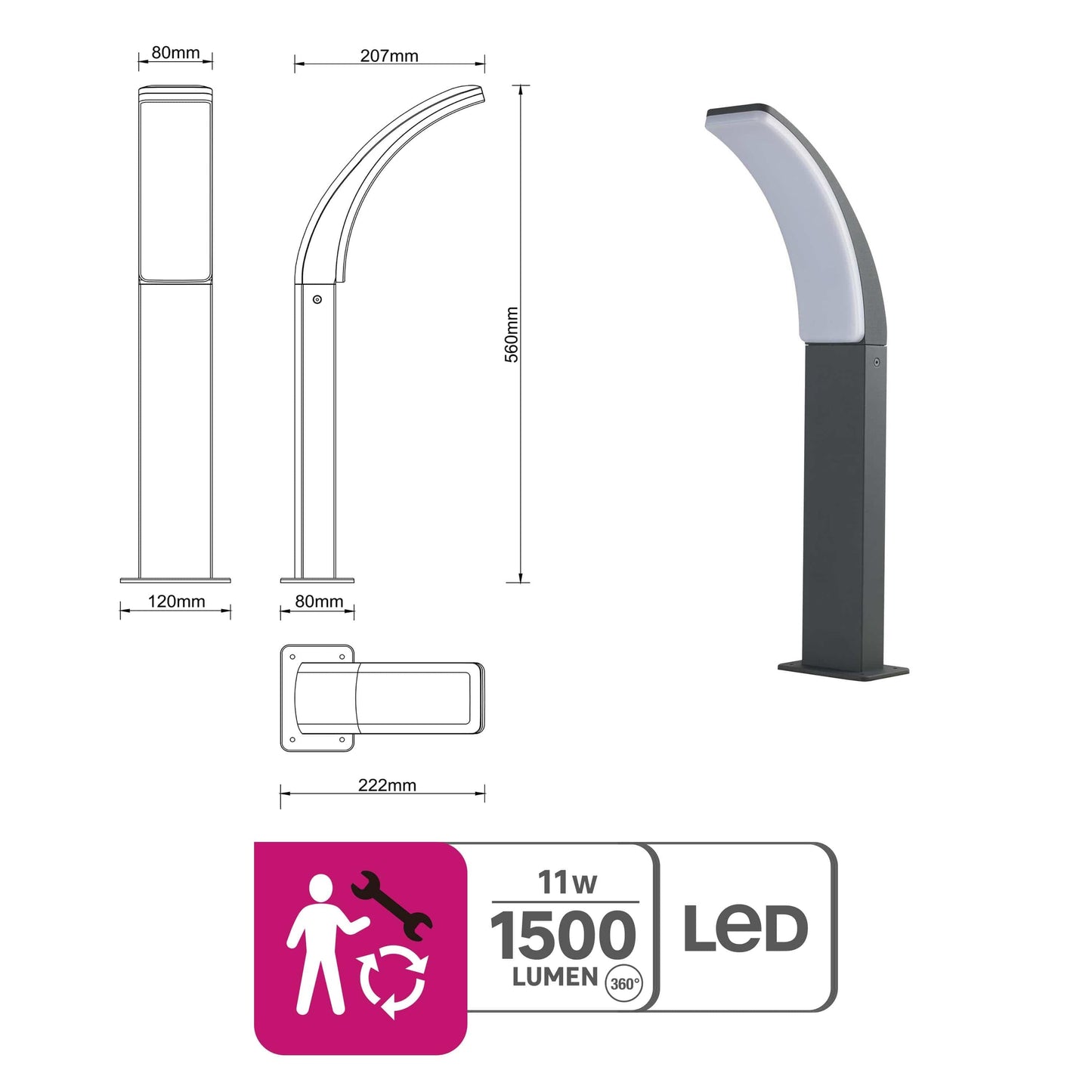 Bricocenter LAKKO GREY ALUMINIUM LAMPPOST 56X22X12CM LED 11W NATURAL LIGHT IP44