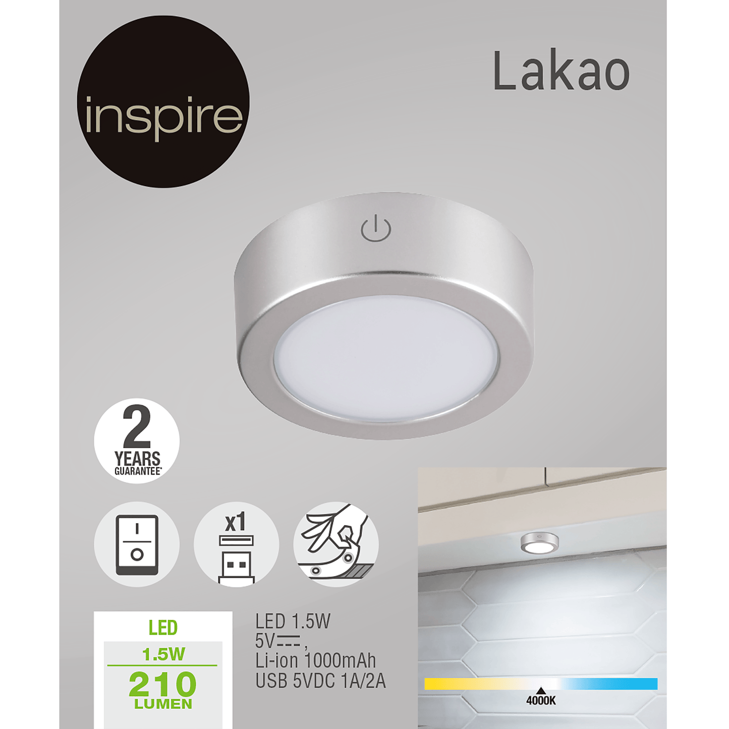 Bricocenter POINT LIGHT LAKAO PLASTIC NIKEL D7 CM LED 210LM NATURAL LIGHT WITH USB
