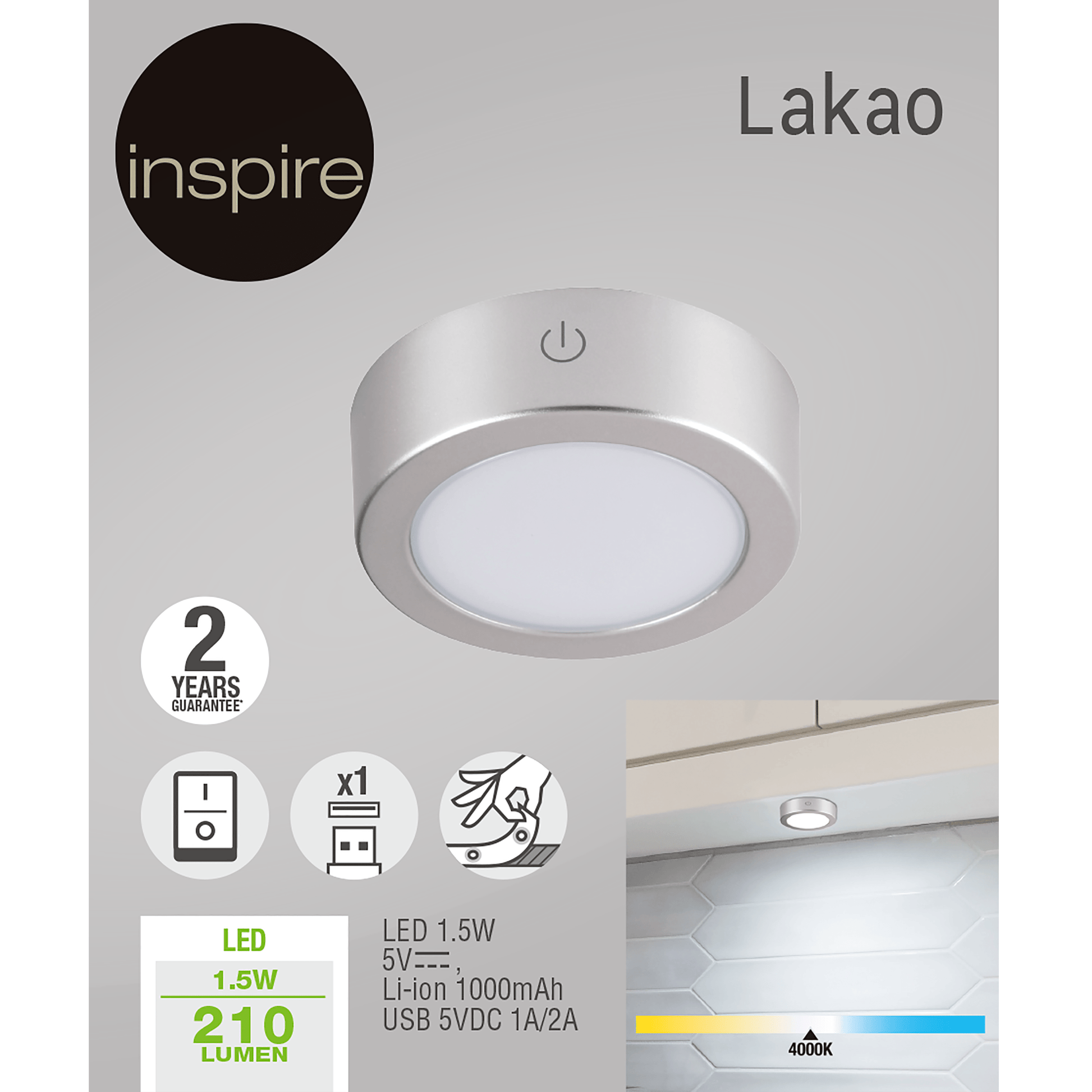 Bricocenter POINT LIGHT LAKAO PLASTIC NIKEL D7 CM LED 210LM NATURAL LIGHT WITH USB