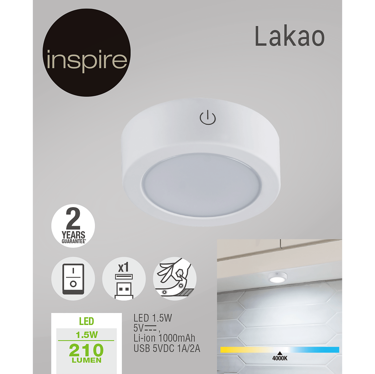 Bricocenter PUNTO LUCE LAKAO PLASTIC WHITE D7 CM LED 210LM NATURAL LIGHT WITH USB