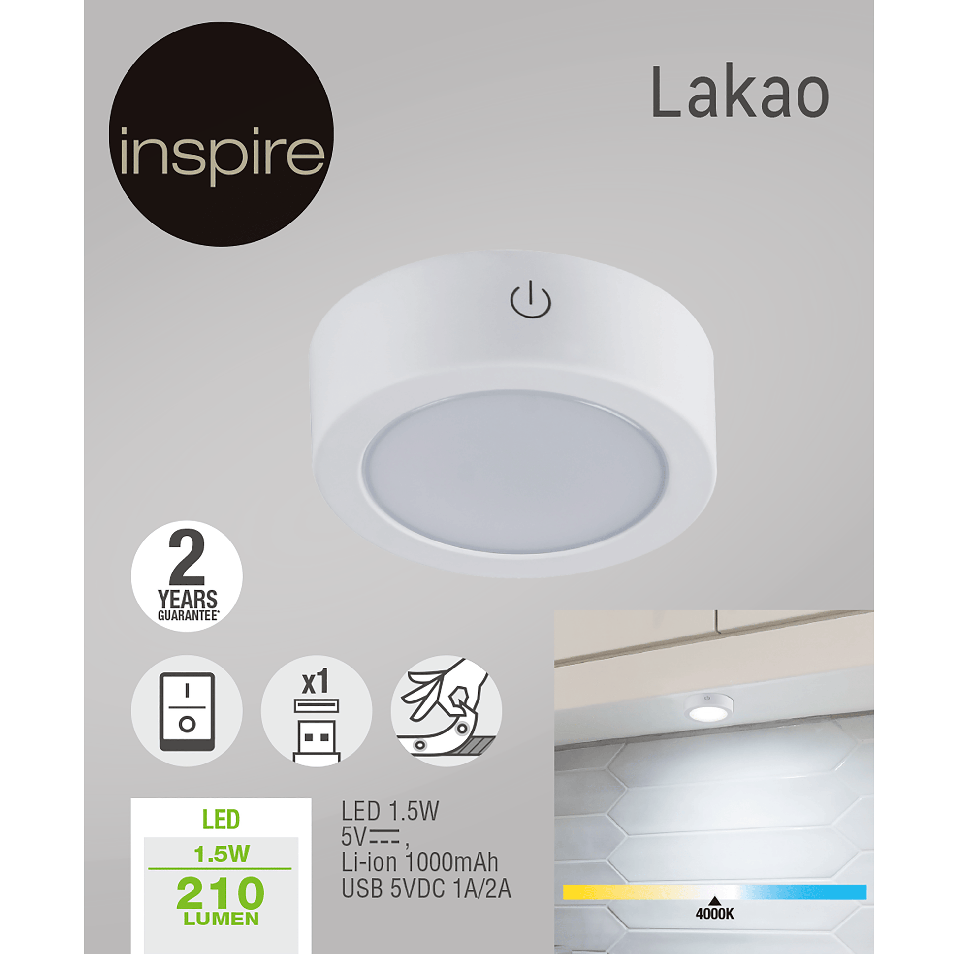 Bricocenter PUNTO LUCE LAKAO PLASTIC WHITE D7 CM LED 210LM NATURAL LIGHT WITH USB