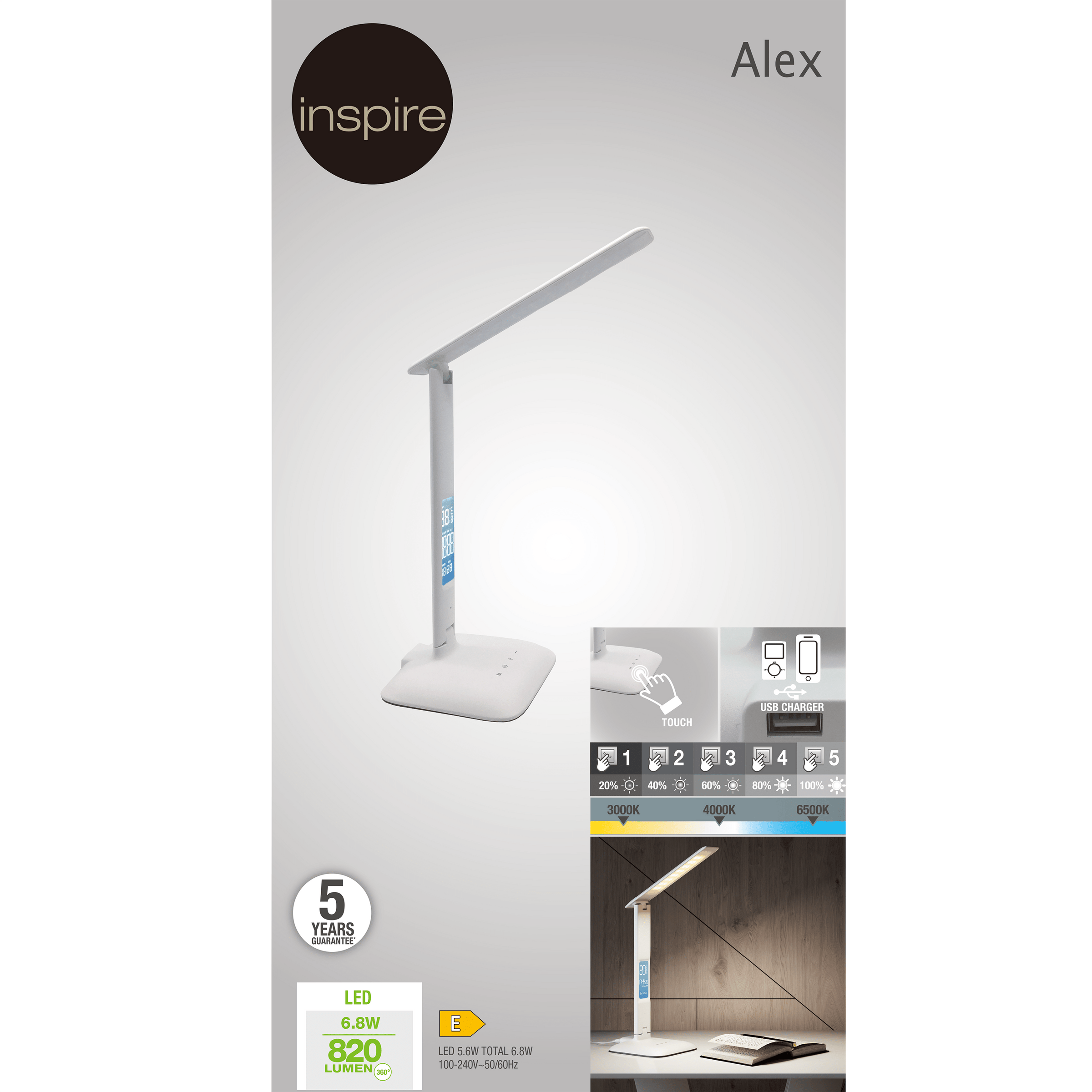 Bricocenter STUDIO LAMP ALEX PLASTIC WHITE H26 LED 5W 4 STEP WITH ALARM AND USB