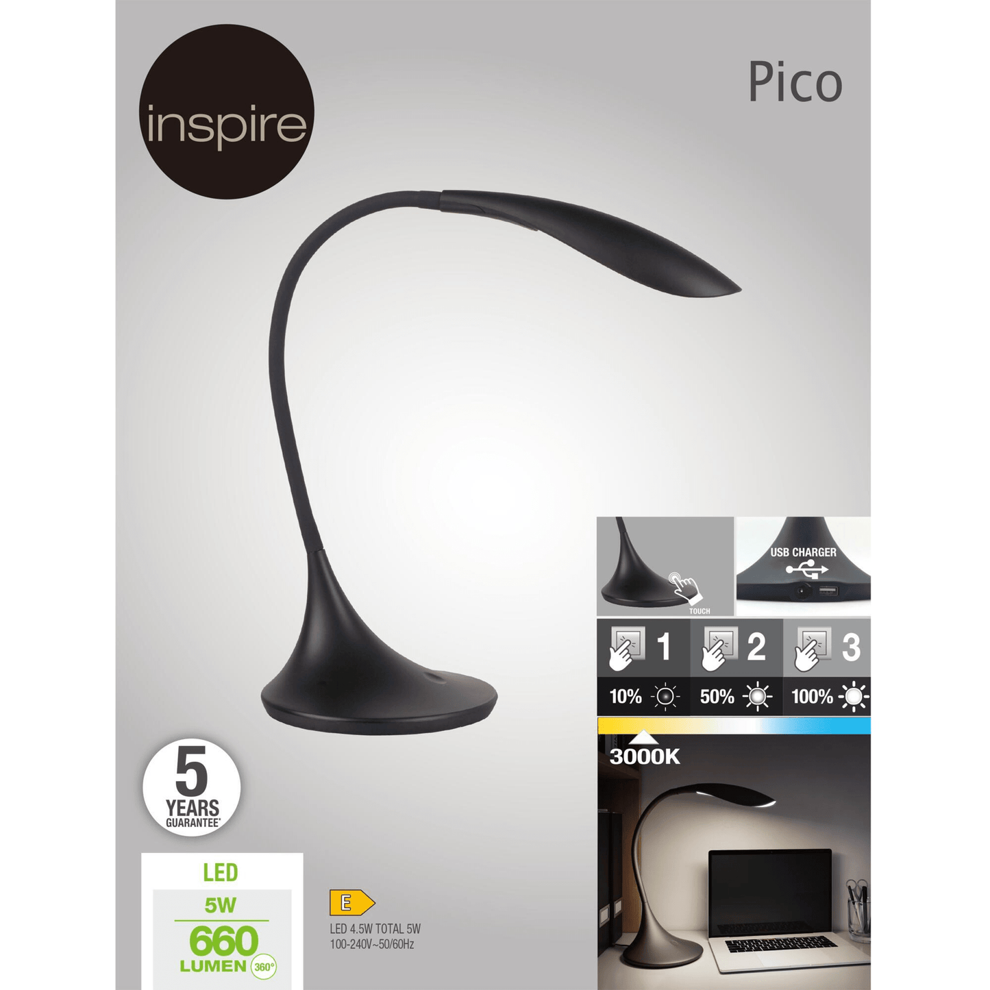 Bricocenter STUDIO LAMP PICO METAL BLACK H25 LED 4,5W WARM LIGHT TOUCH DIMMABLE WITH USB