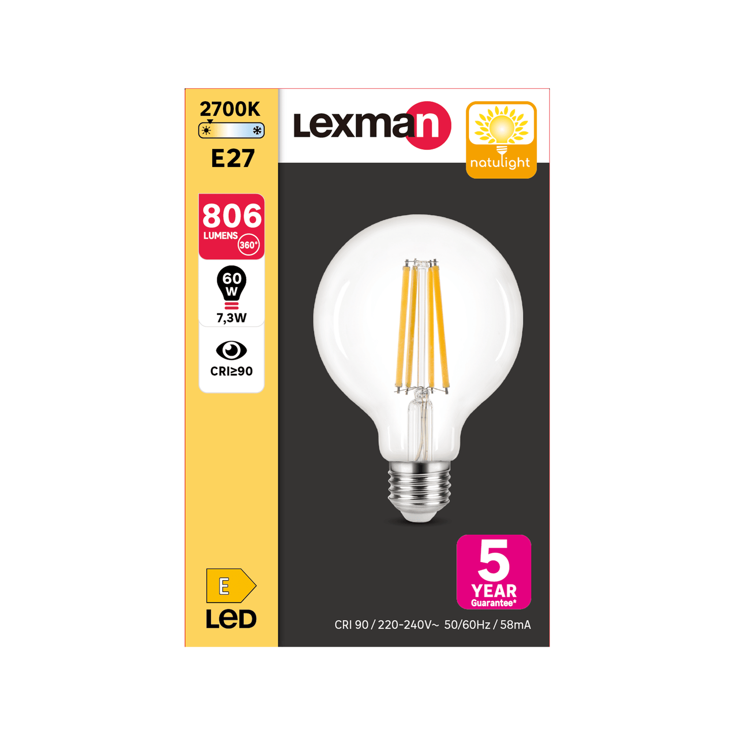 Bricocenter NATULIGHT LED BULB E27=60W GLOBE SMALL TRANSPARENT WARM LIGHT