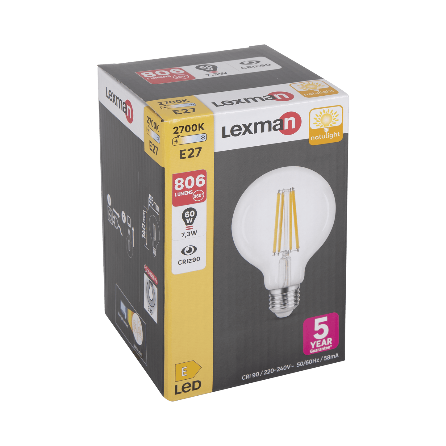 Bricocenter NATULIGHT LED BULB E27=60W GLOBE SMALL TRANSPARENT WARM LIGHT