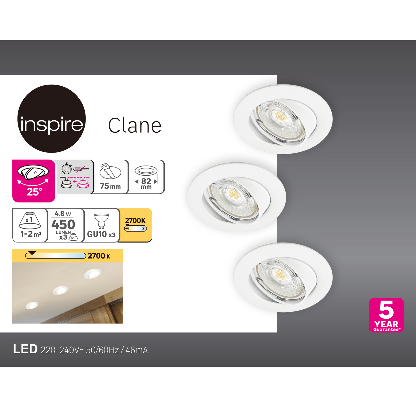 Bricocenter 3 RECESSED SPOTLIGHTS CLANE ALUMINIUM WHITE D7.5 CM GU10=6W WARM LIGHT ADJUSTABLE