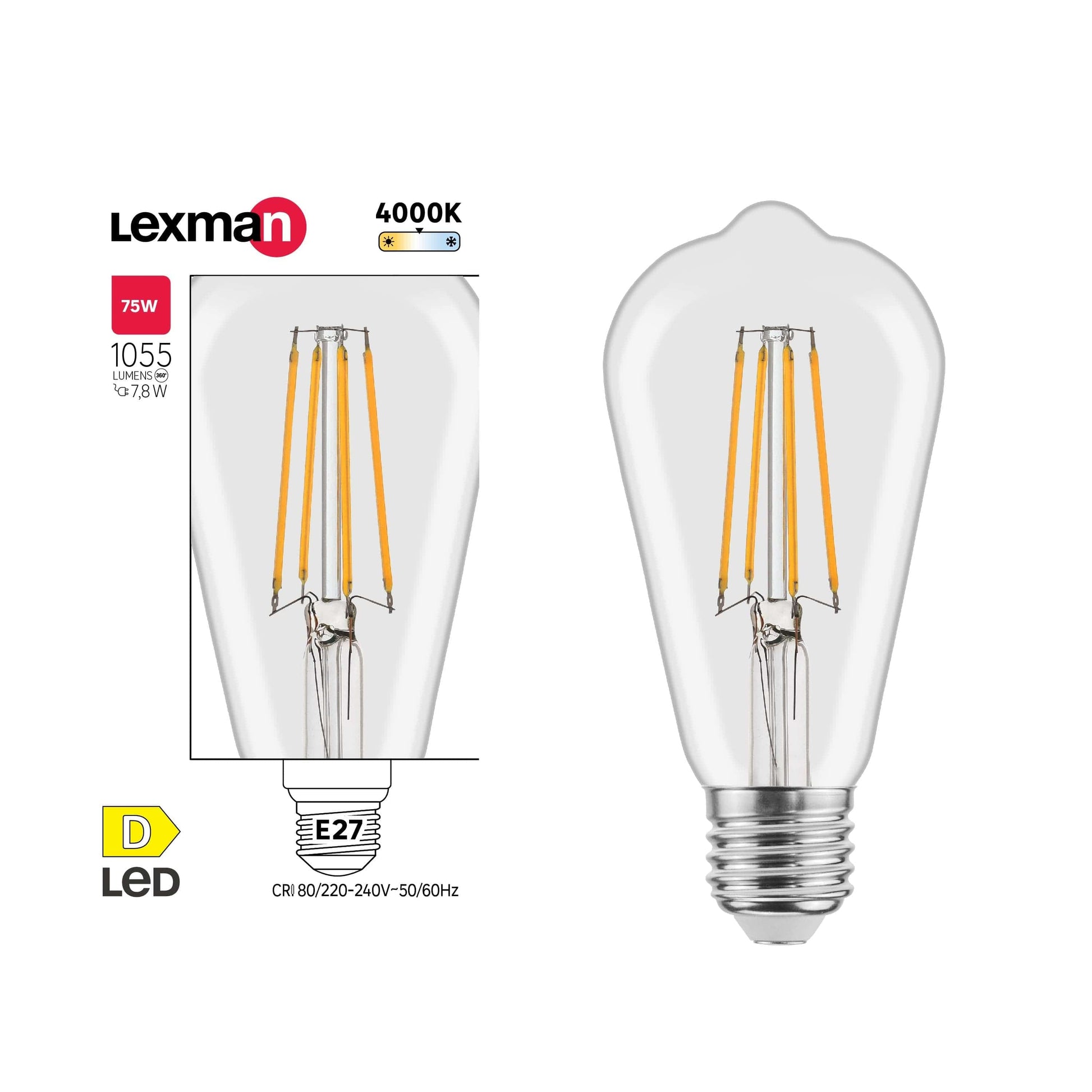 LED DECORATIVE BULB E27=75W CLEAR NATURAL LIGHT