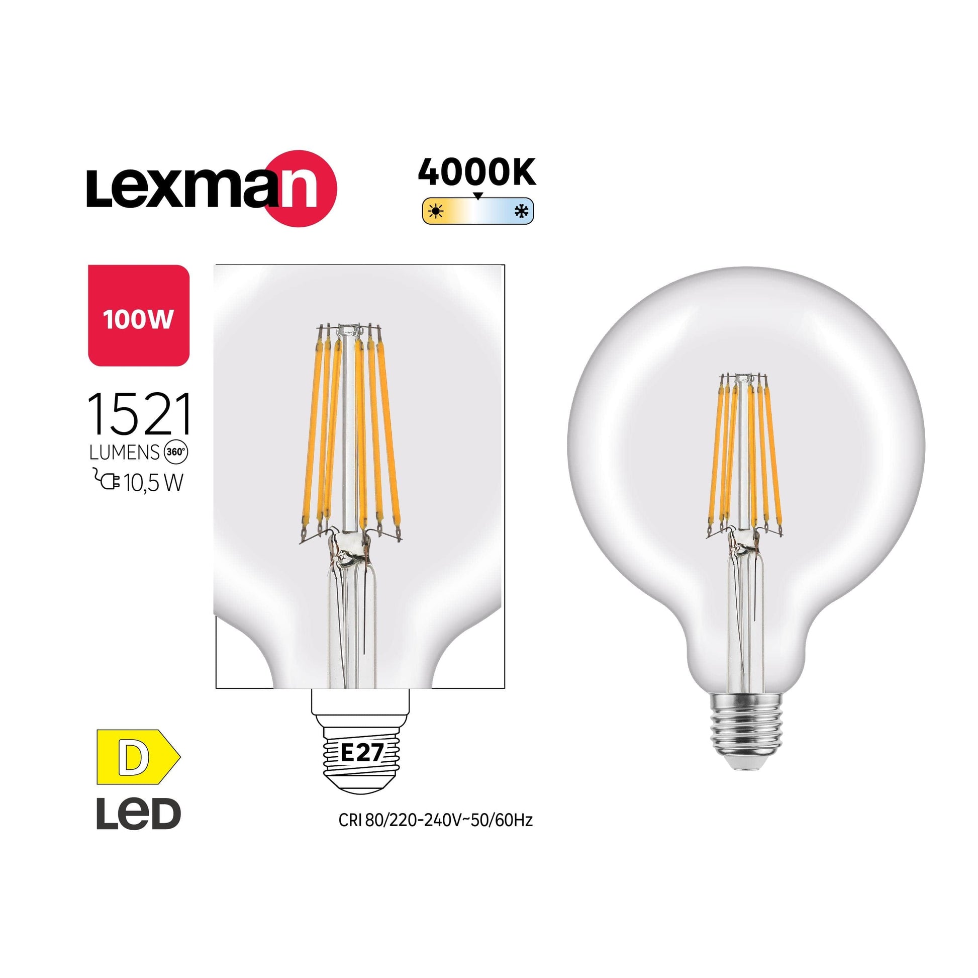 LED BULB E27=100W GLOBE LARGE TRANSPARENT NATURAL LIGHT