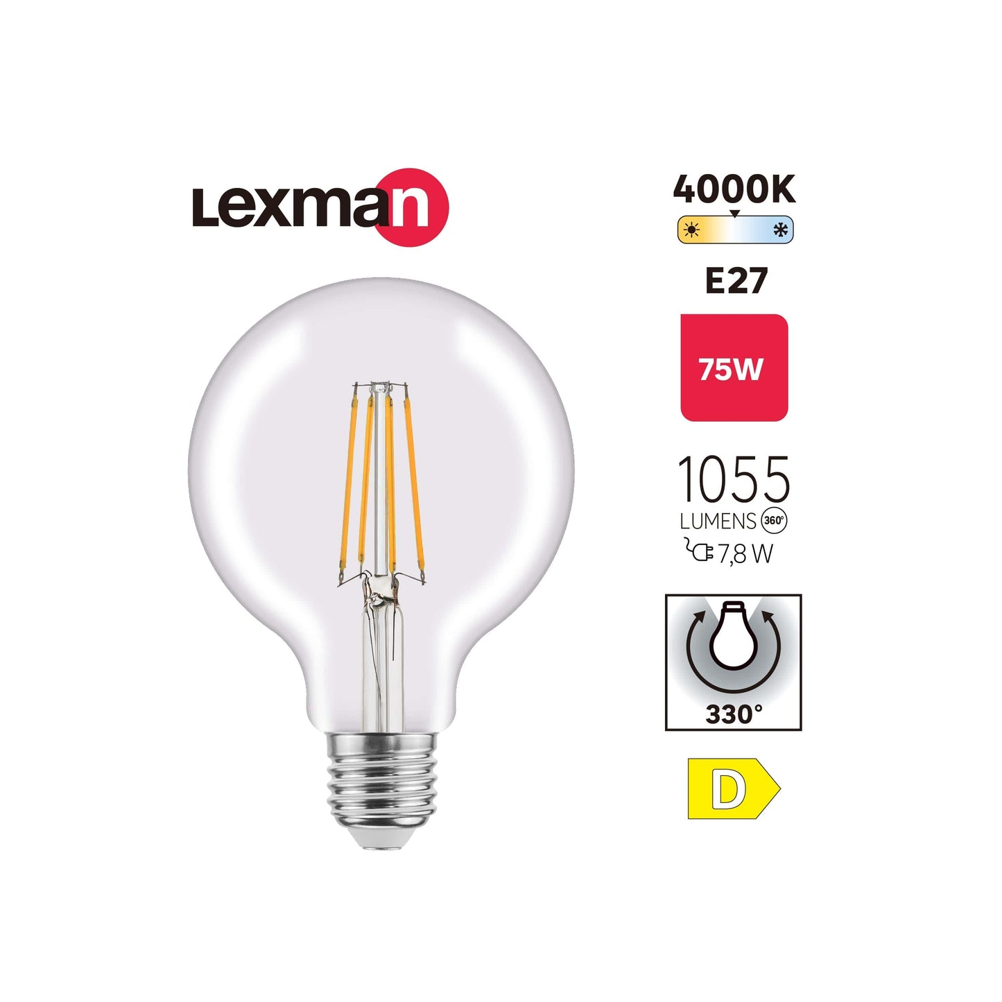 Bricocenter LED BULB E27=60W GLOBE SMALL TRANSPARENT NATURAL LIGHT