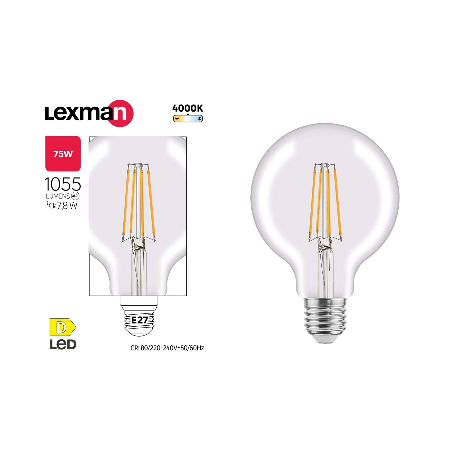 Bricocenter LED BULB E27=60W GLOBE SMALL TRANSPARENT NATURAL LIGHT