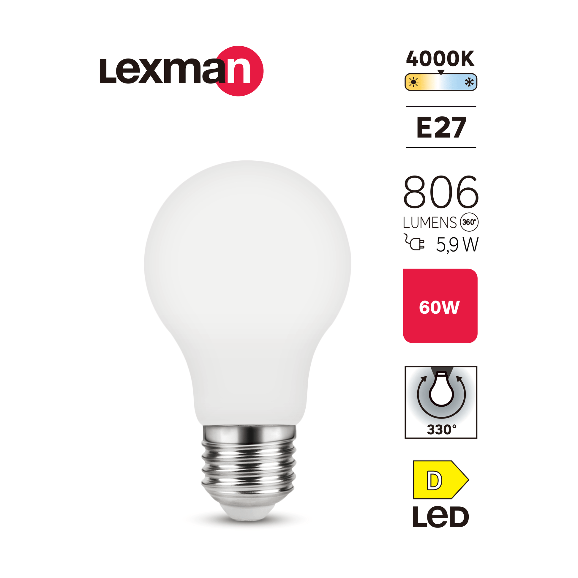 LED BULB E27=60W FROSTED DROP NATURAL LIGHT