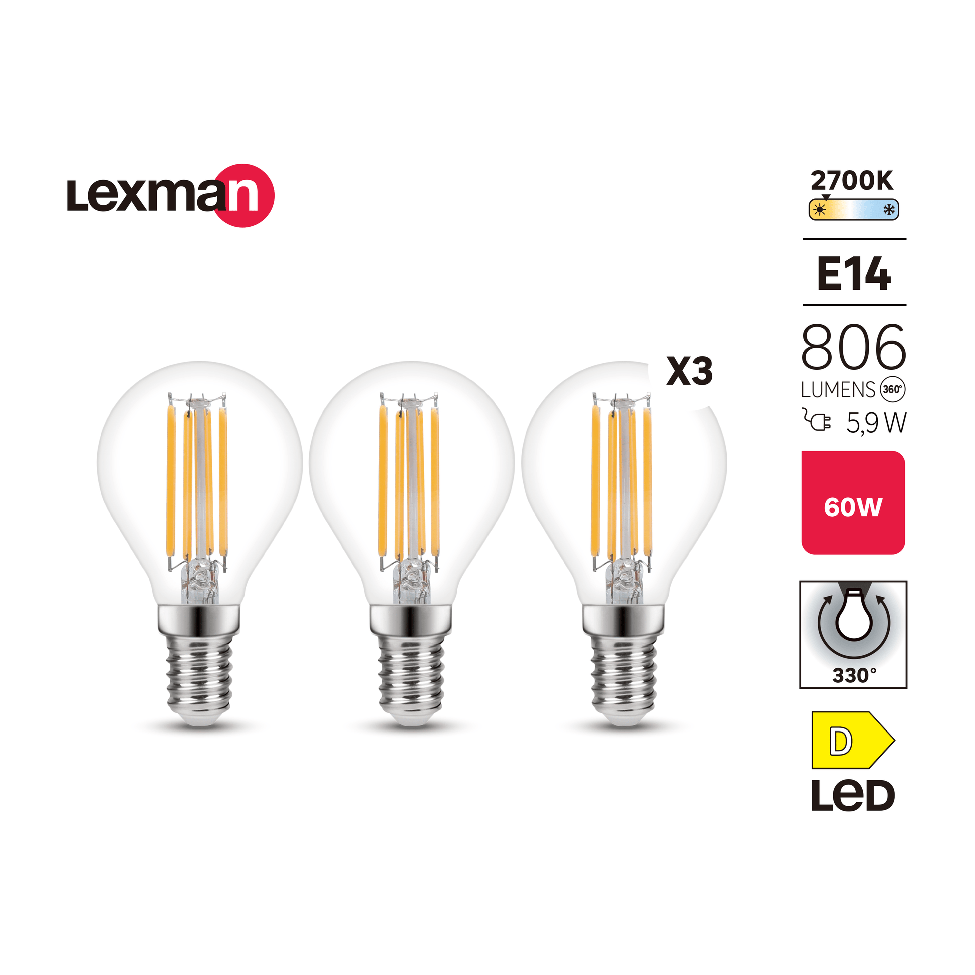 Bricocenter 3 LED BULBS E14=60W TRANSPARENT SPHERE WARM LIGHT