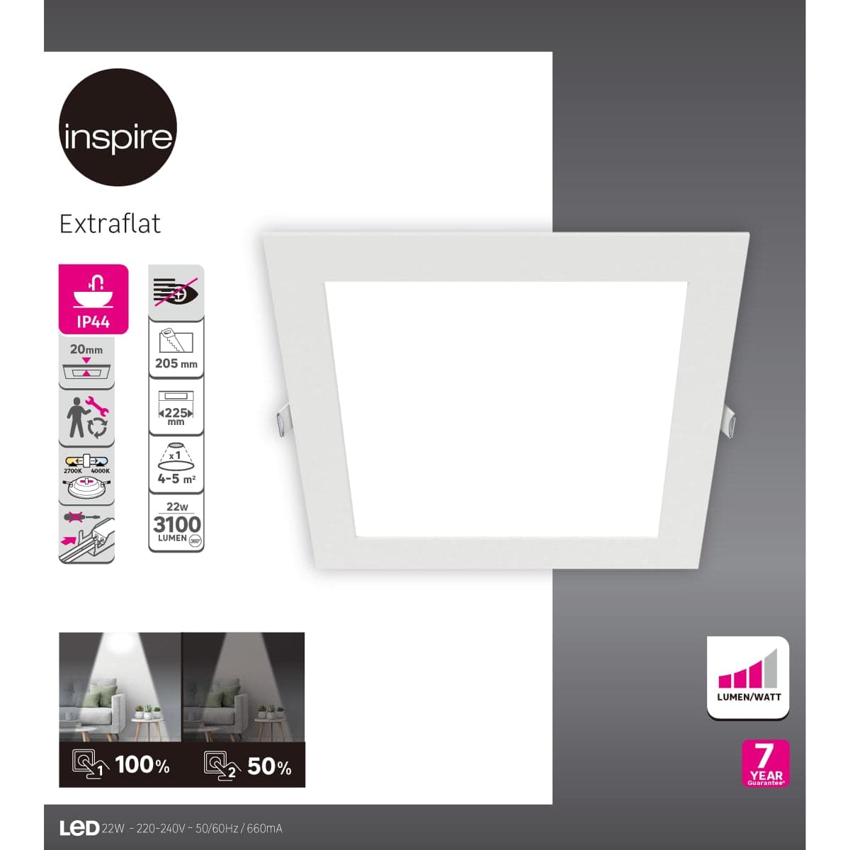 RECESSED SPOTLIGHT EXTRAFLAT ALUMINIUM WHITE 20.5X20.5 CM LED 20W CCT DIMMABLE IP44 - Premium Single recessed spotlights from Bricocenter - Just €32.99! Shop now at Maltashopper.com