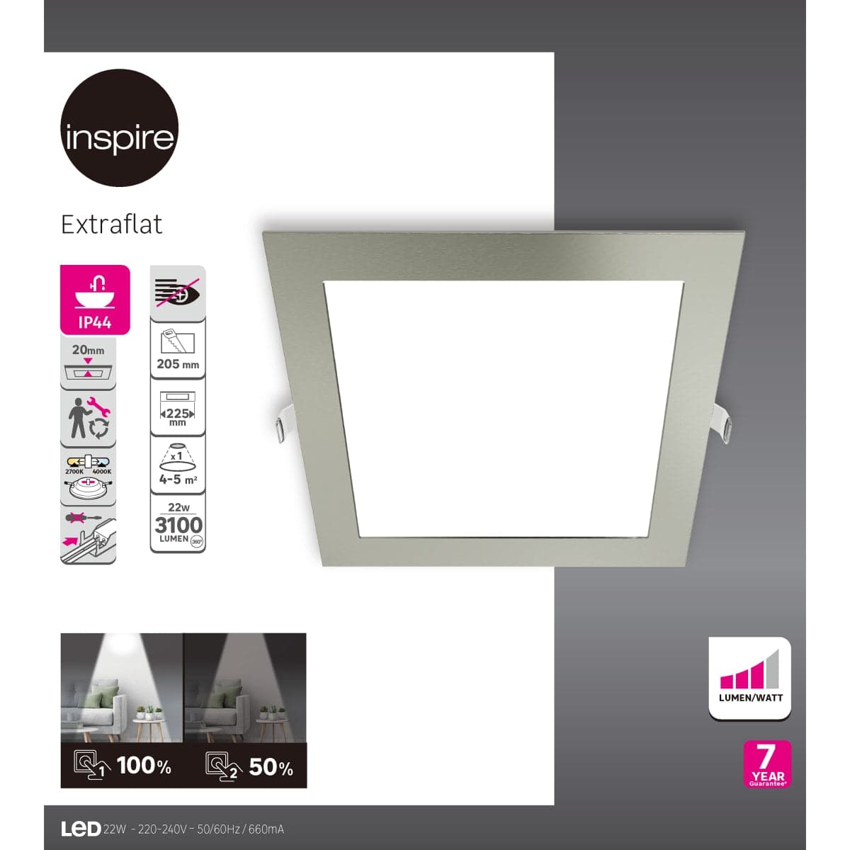 RECESSED SPOTLIGHT EXTRAFLAT SATIN NICKEL 20.5X20.5 CM LED 20W CCT DIMMABLE IP44 - Premium Single recessed spotlights from Bricocenter - Just €32.99! Shop now at Maltashopper.com