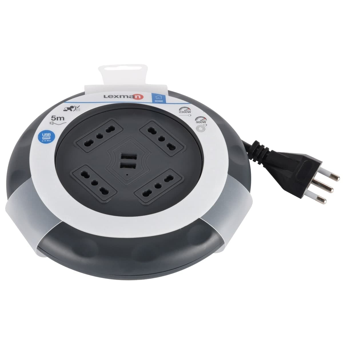 FLAT CABLE REEL 5MT 16A PLUG 4 SOCKETS 10/16A+2 USB WITH LEXMAN THERMAL CIRCUIT BREAKER - best price from Maltashopper.com BR420003053