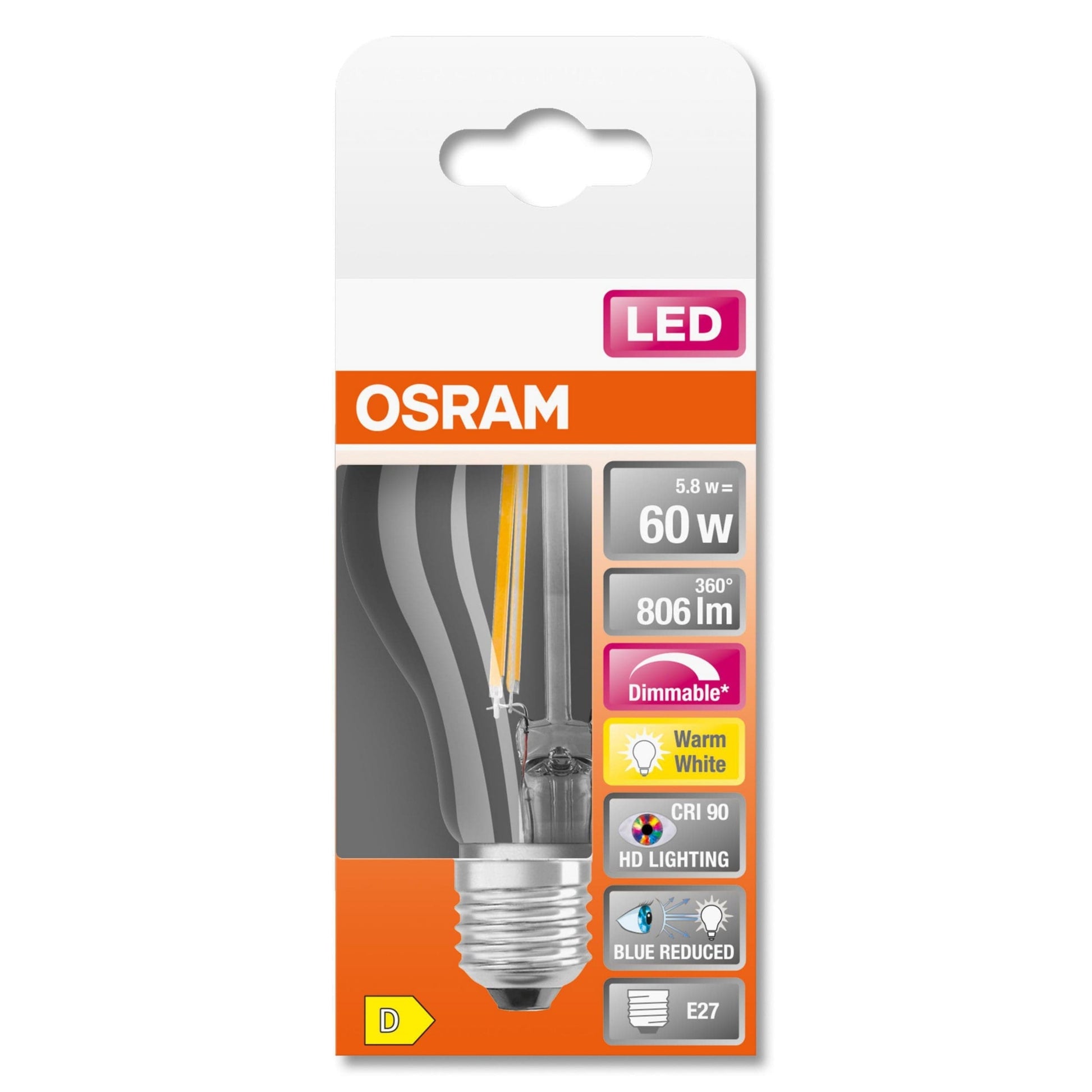 LED BULB E27=60W DROP TRANSPARENT WARM LIGHT DIMMABLE - best price from Maltashopper.com BR420006278