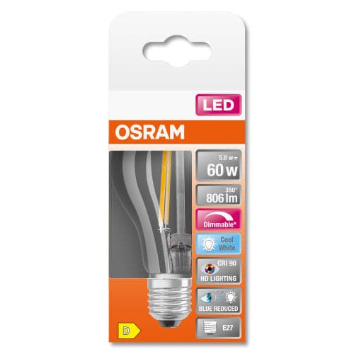 LED BULB E27=60W DROP CLEAR NATURAL LIGHT DIMMABLE