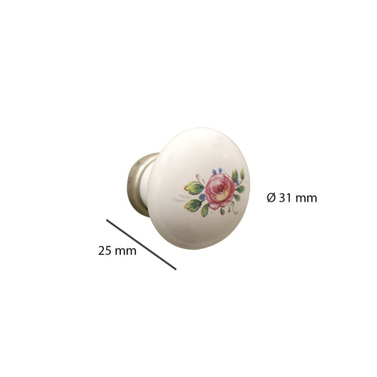 2 WHITE CERAMIC KNOBS D 31MM WITH DECORATION