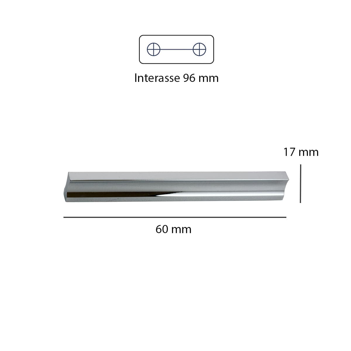 2 HANDLES WITH 96 MM CENTRE DISTANCE IN CHROME-PLATED ALUMINIUM