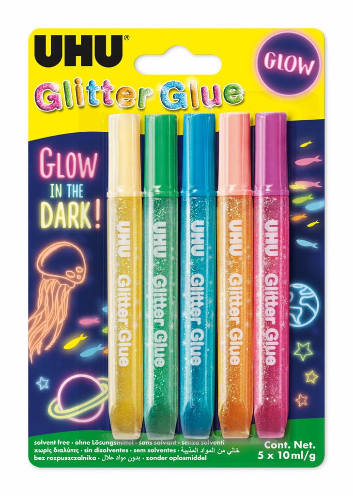 GLITTER GLOW IN THE DARK SET 5 TUBES 10 ML. ASSORTED COLOURS
