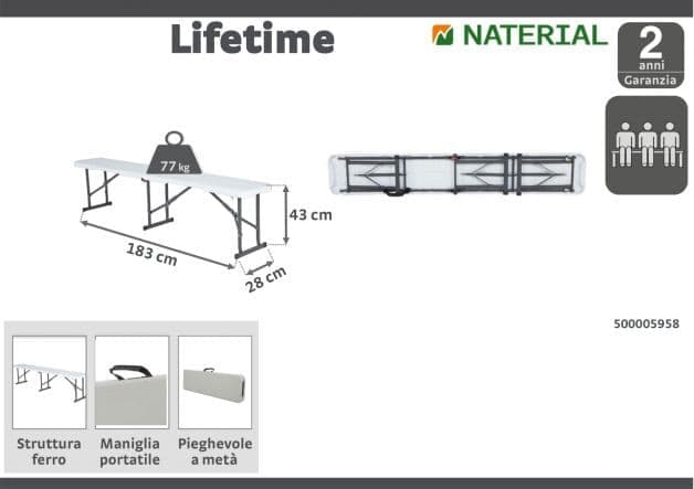 Bricocenter LIFETIME NAZERAL - Folding steel and polypropylene garden bench - White - 28x183xh43