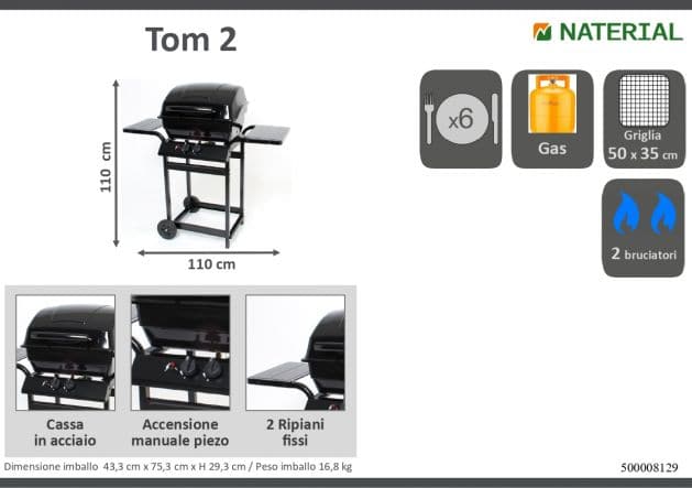NATERIAL - Tom 2 Gas barbecue - 2 burners - 48X35 cm