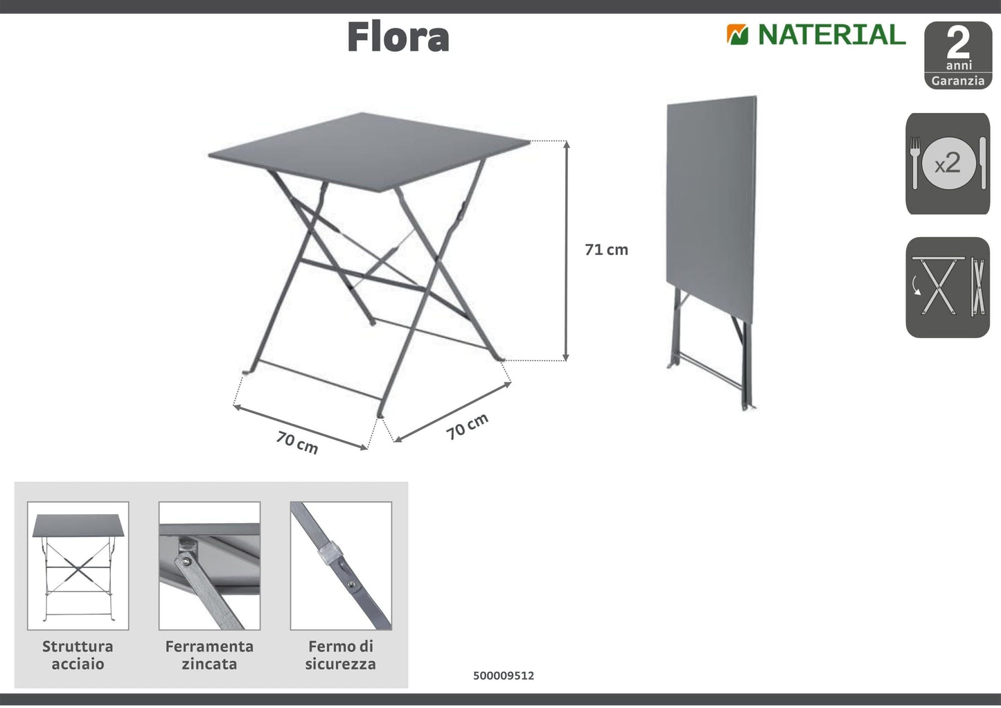 FLORA NATERIAL - Folding Table 2 seater Square Steel - 70x70xh71 - best price from Maltashopper.com BR500009512